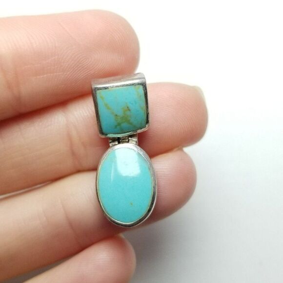 Vintage Sterling Silver Blue Turquoise Inlaid Stone Slide Pendant, Minimal - Picture 5 of 7